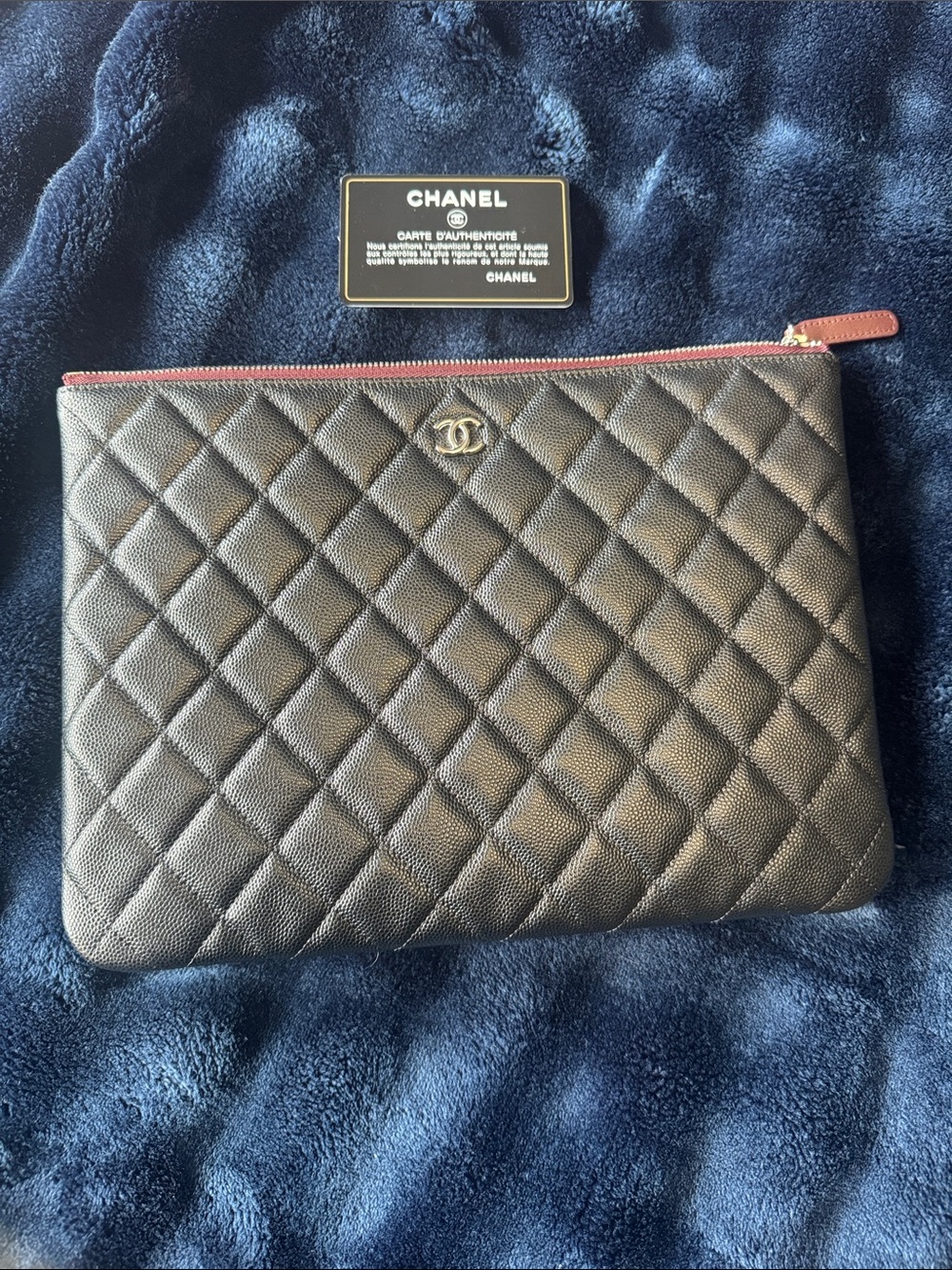 CHANEL Black Quilted Caviar Leather Zip Pouch with Burgundy Trim